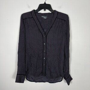 Vince. 100% Silk Top Womens XS Button Up Shirt Navy Geometric Roll Cuff Flaw